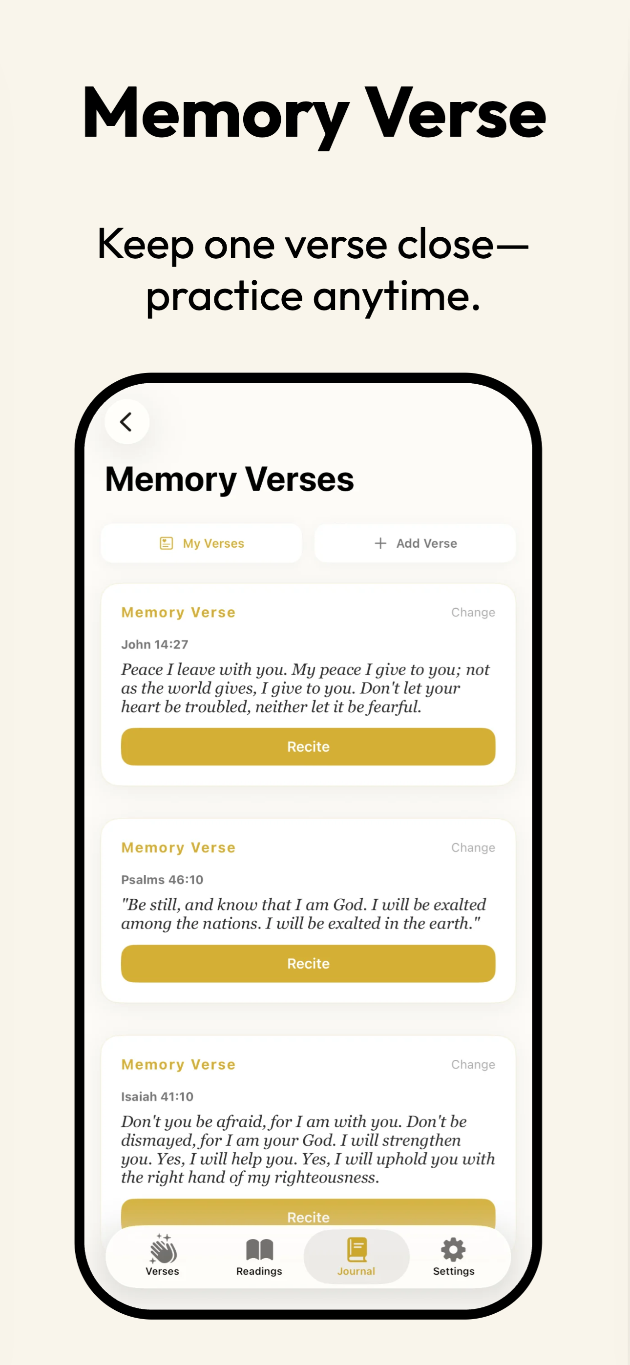 Memory Verse screen in the Scripture Knock Catholic app with John 14:27, Psalms 46:10 and Isaiah 41:10